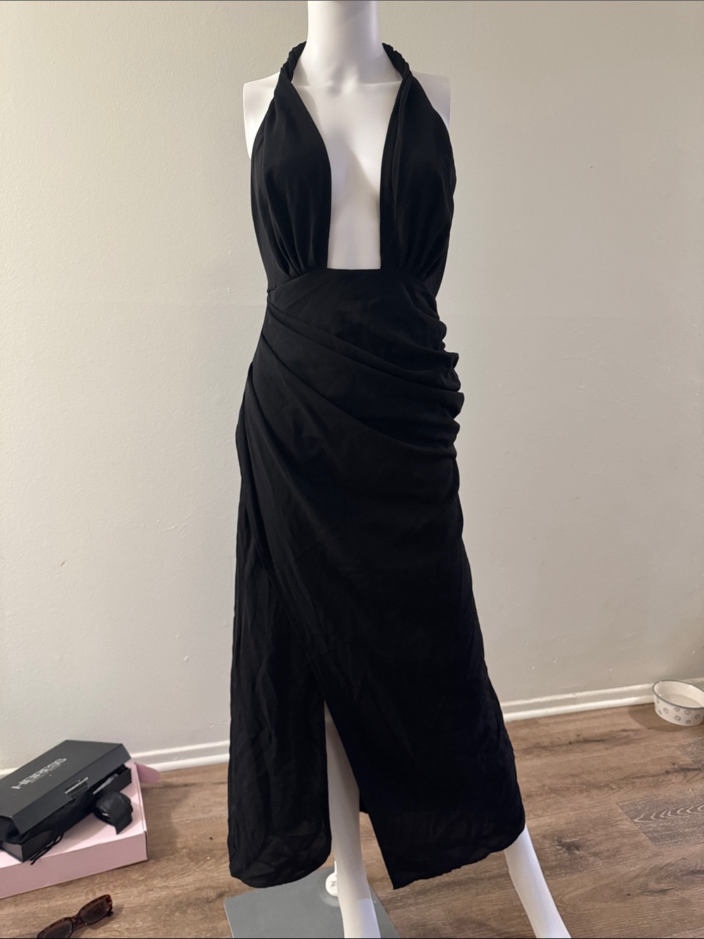 Black Halter Ruched Midi Dress